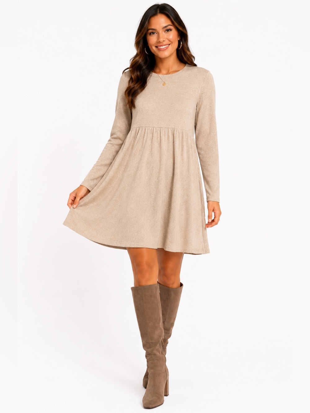 Zara Beige Knit Babydoll Tiered Mini Dress Long Sleeve Large
